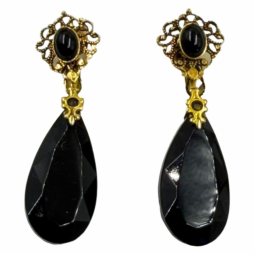 VTG 50s Gold Filigree Jet Black Glass Teardrop Victorian Revival Screw Earrings